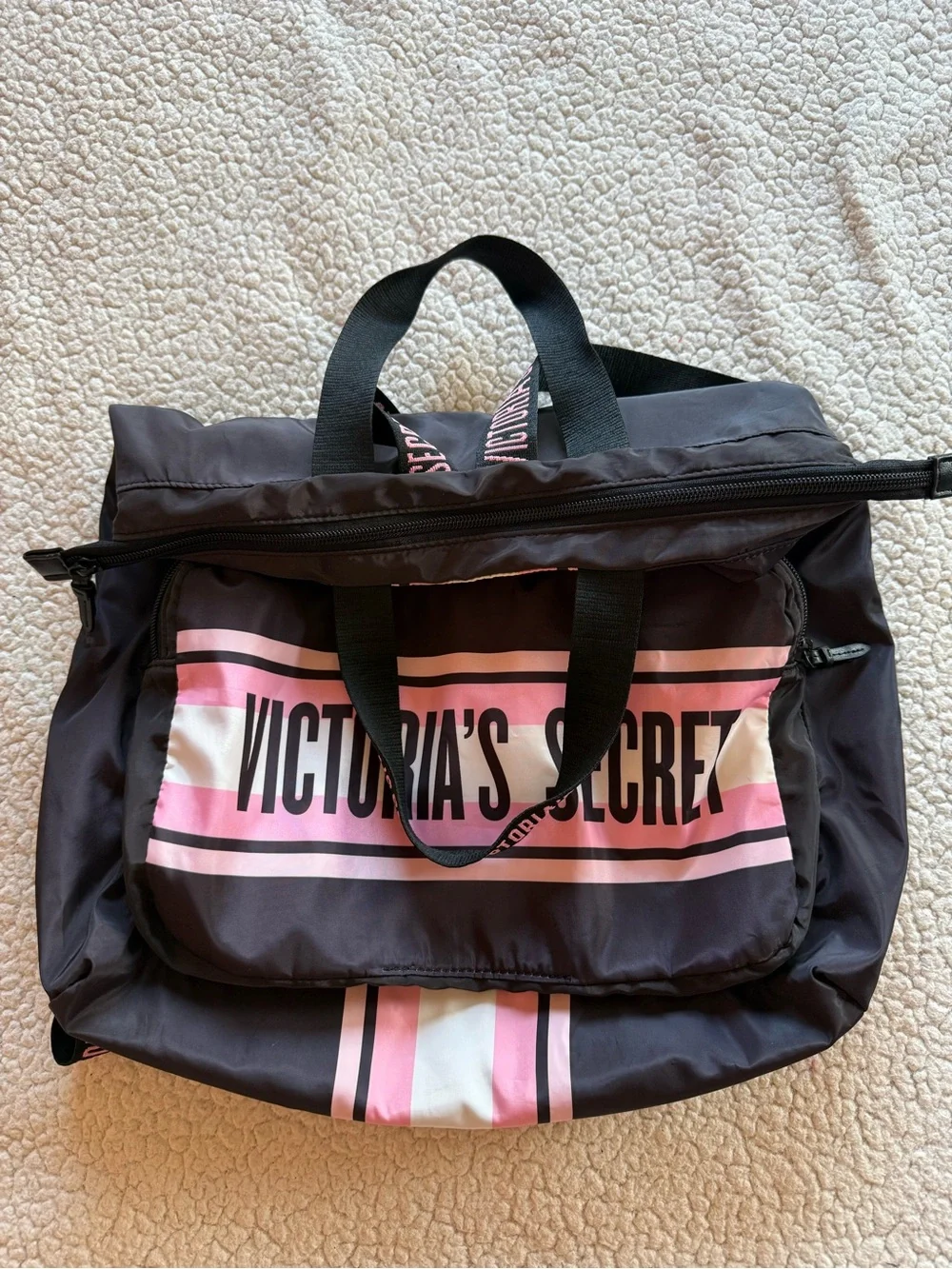 Victoria’s Secret 2019 Black Pink Stripe Logo Backpack Travel Bag
